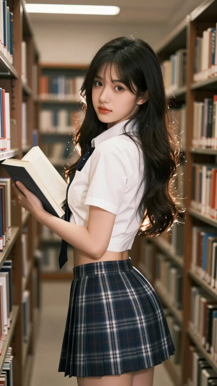 A 'good girl gone bad' Chinese girl in a reworked school uniform posing playfully in a vintage library aisle