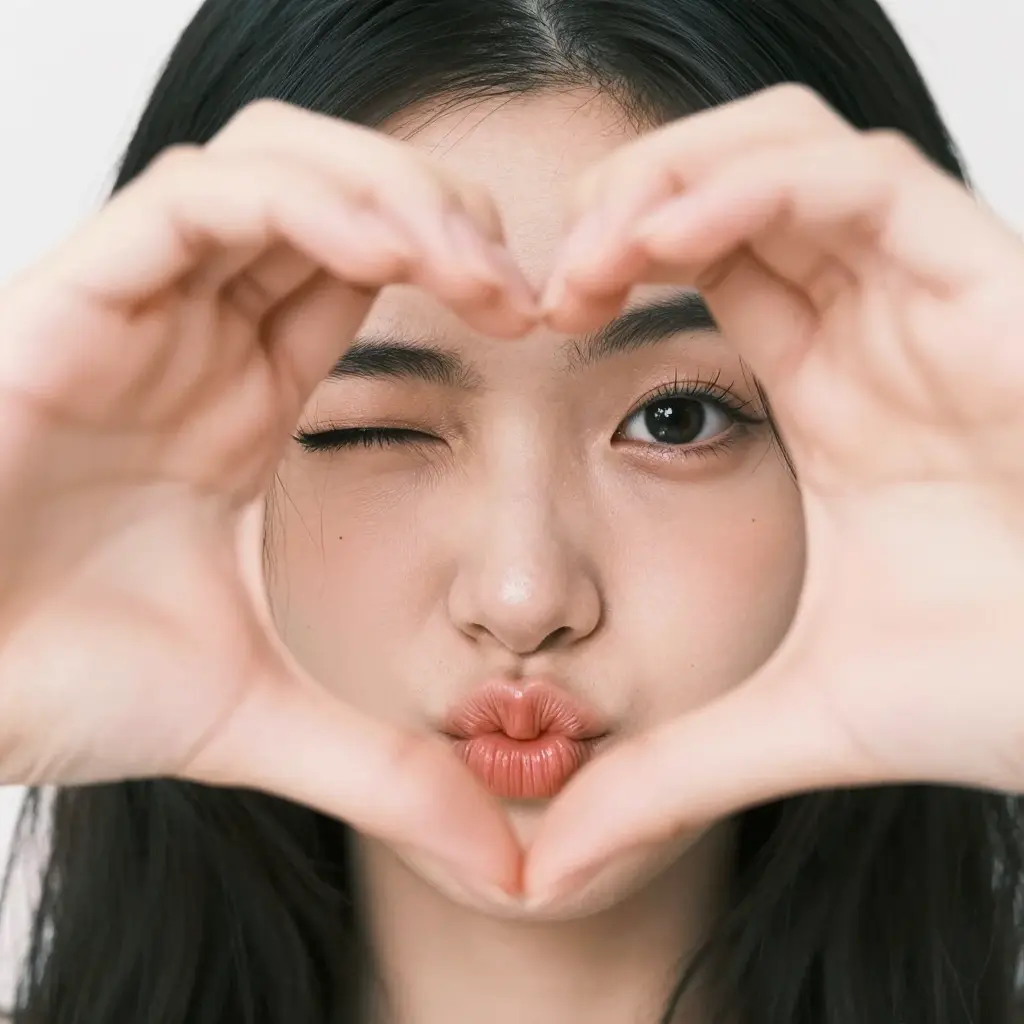 An extreme close-up portrait of a young East Asian woman