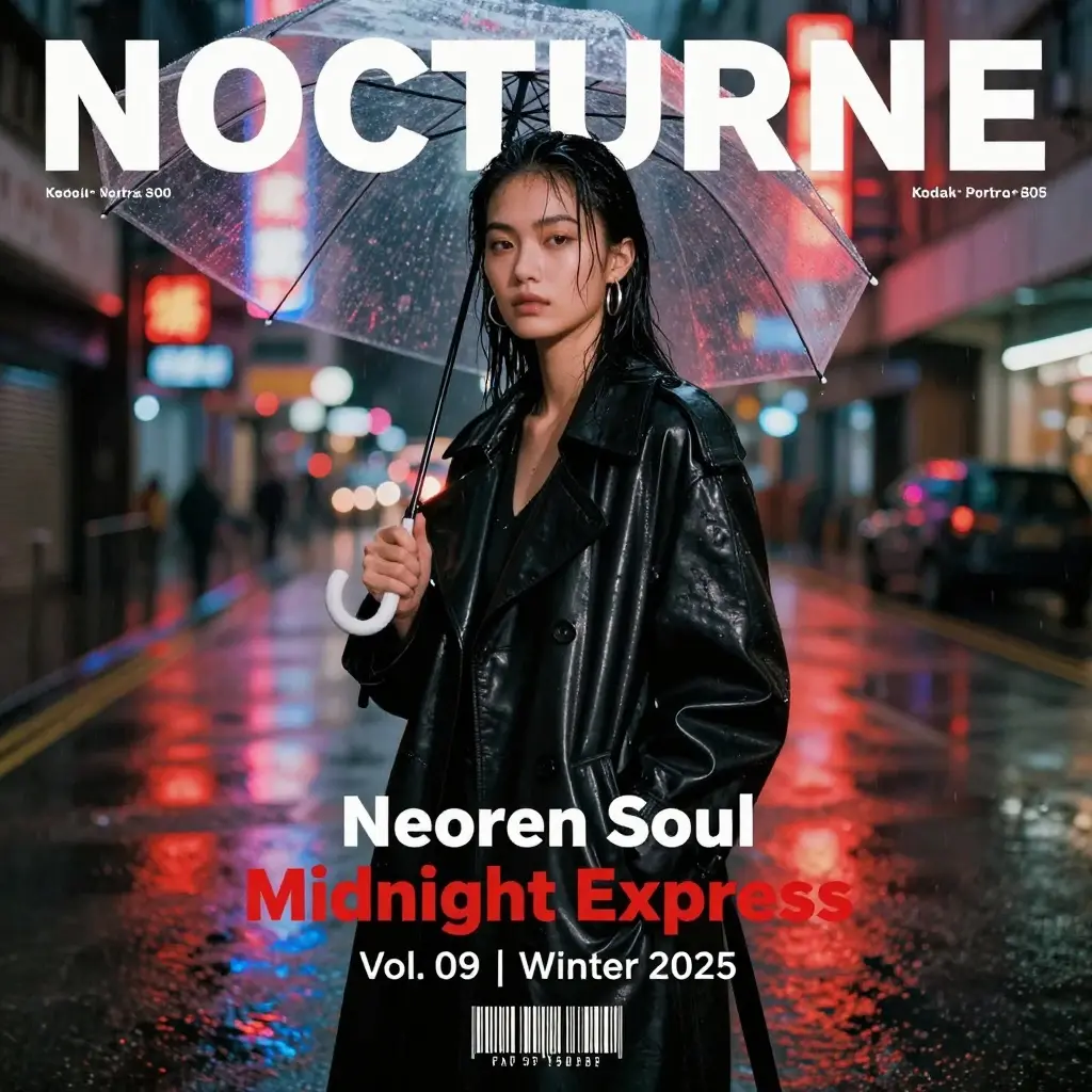 Nocturne magazine cover: Chinese woman in leather trench coat under umbrella on rainy Hong Kong street