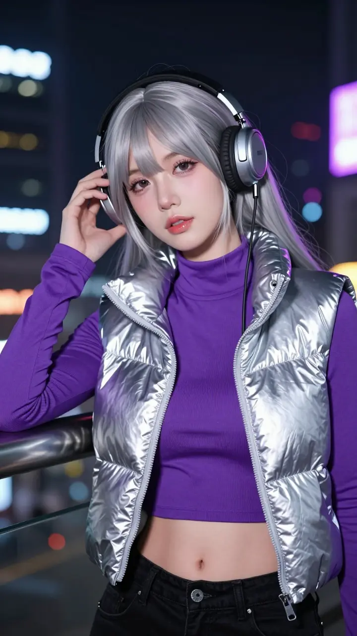A cyberpunk-inspired young woman with silver hair and purple accents leaning against a railing under neon city lights