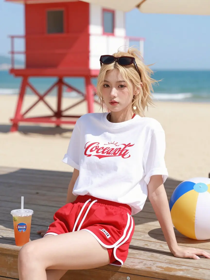 Chinese girl relaxing on a beach deck in summer attire