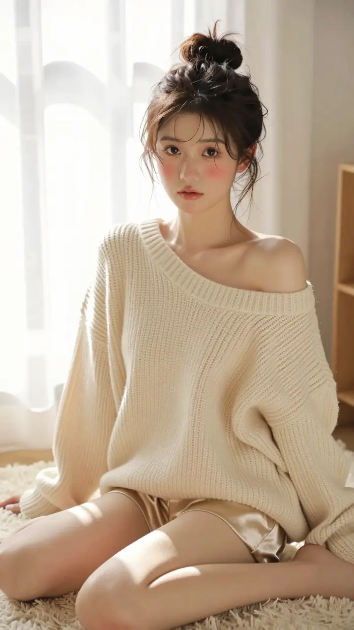 A girl in an oversized off-shoulder knit sweater bathed in soft morning light, sitting on a rug with a gentle, alluring gaze